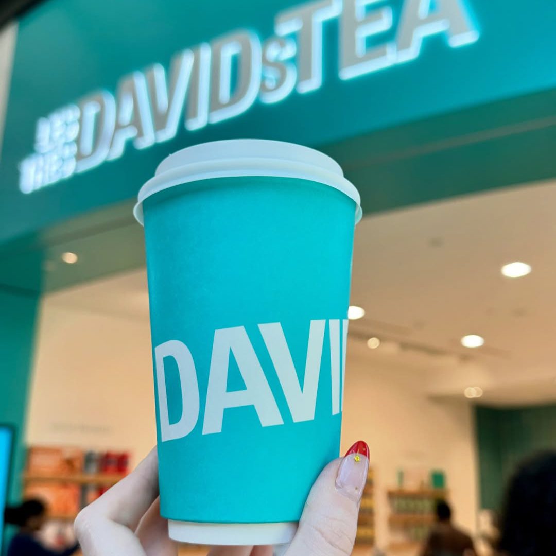 David’s Tea cup in front of the shop at the Eaton Centre in Montreal.