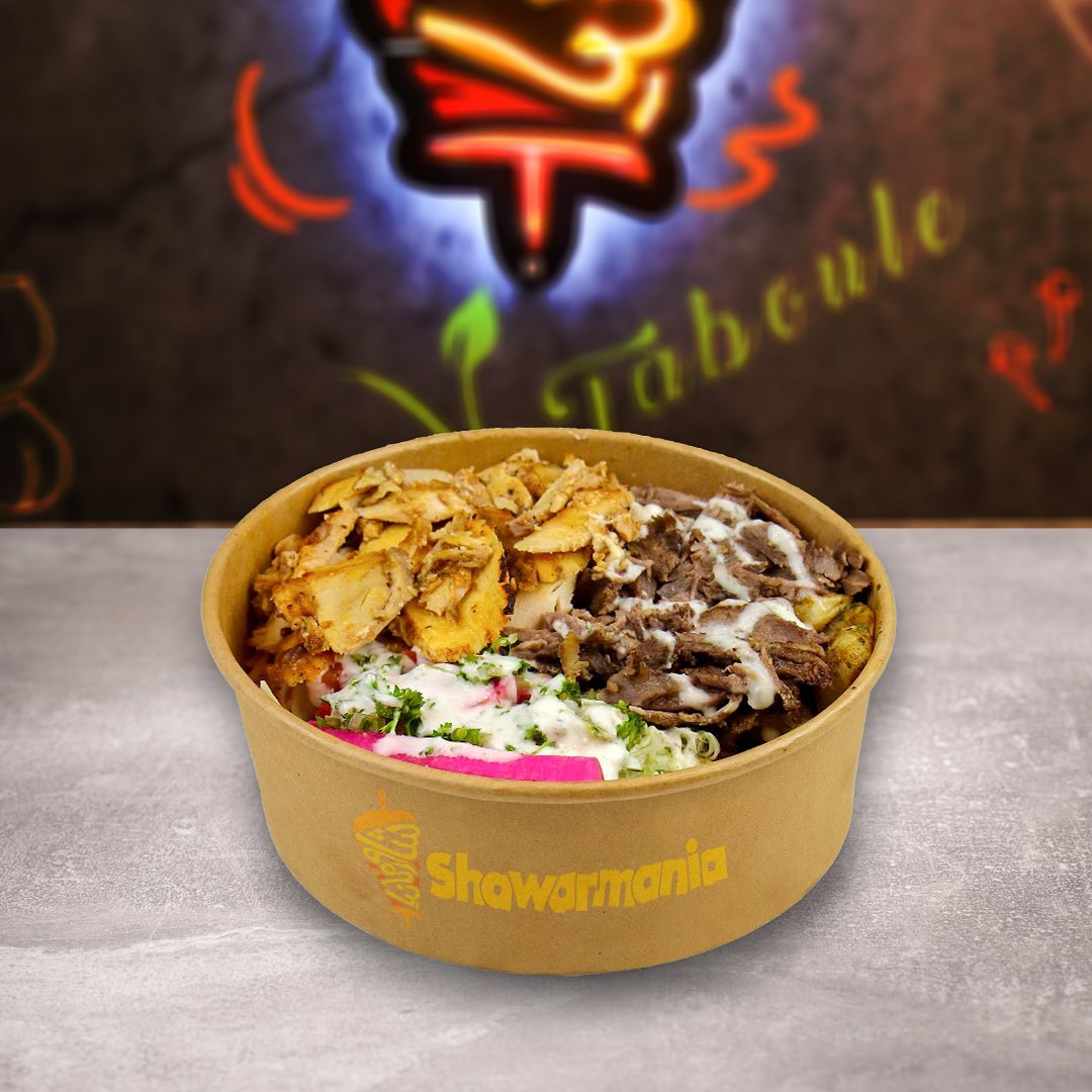Shawarma Bowl with fresh toppings at Shawarmania in Montreal.