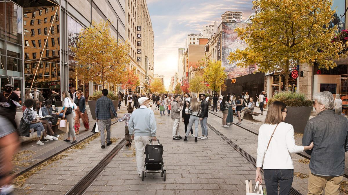 Une rue piétonne animée avec des gens qui marchent et profitent de l'ambiance urbaine.