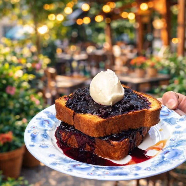 French toast with blueberry compote served on a terrace surrounded by greenery and string lights at La Finca Montréal.