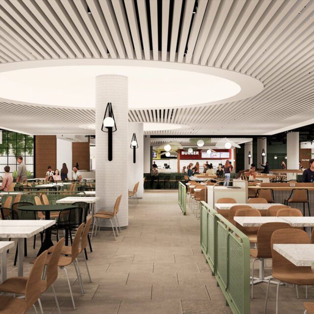 Espace restaurants Les Terrasses du Centre Eaton au niveau tunnel, design moderne et lumineux