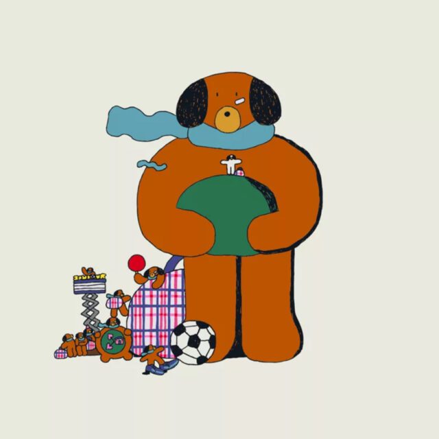 Illustration colorée du personnage Chien Champion tenant une petite montagne avec objets et personnages miniatures autour de lui.